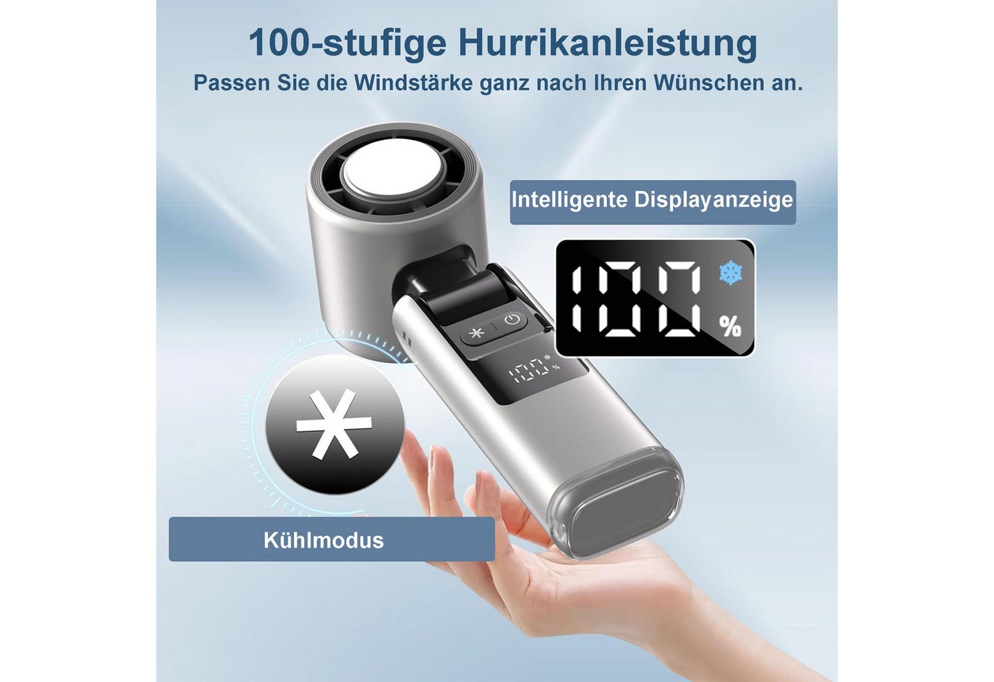 Senmudi Handventilator Tragbarer Mini-Turbo-Lüfter,2000 mAh USB-Akku,100-stufige Einstellung, Kühldesign mit LED-Display, 3-in-1-Design mit Beleuchtungsfunktion Bild 2