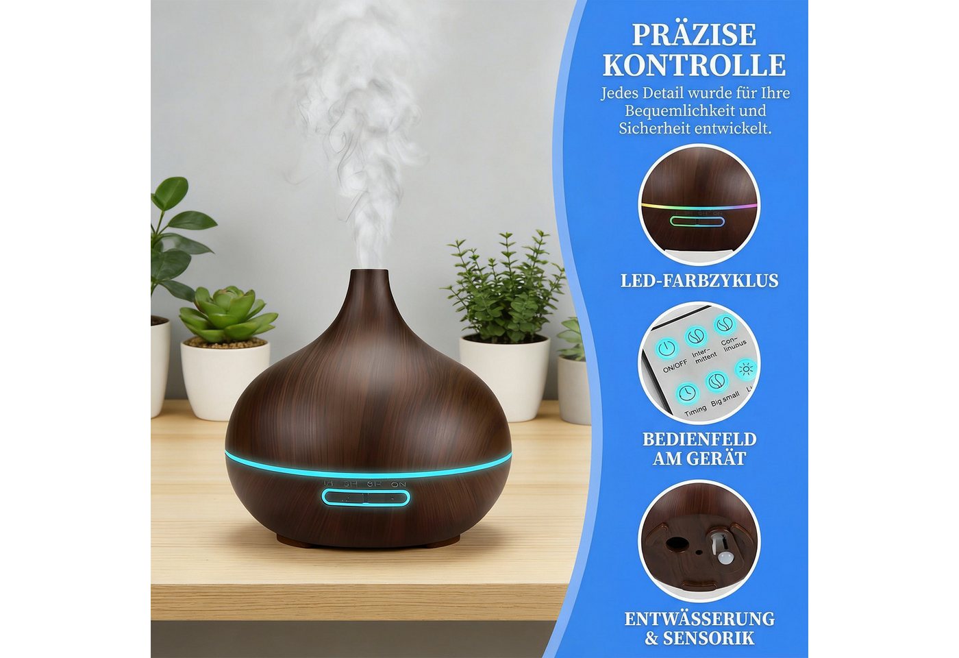 AKKEE Diffuser Multifunktions-Luftbefeuchter Aromatherapie-Diffusor 500ml, 0,5 l Wassertank, mit 3 Timer-Einstellungen
