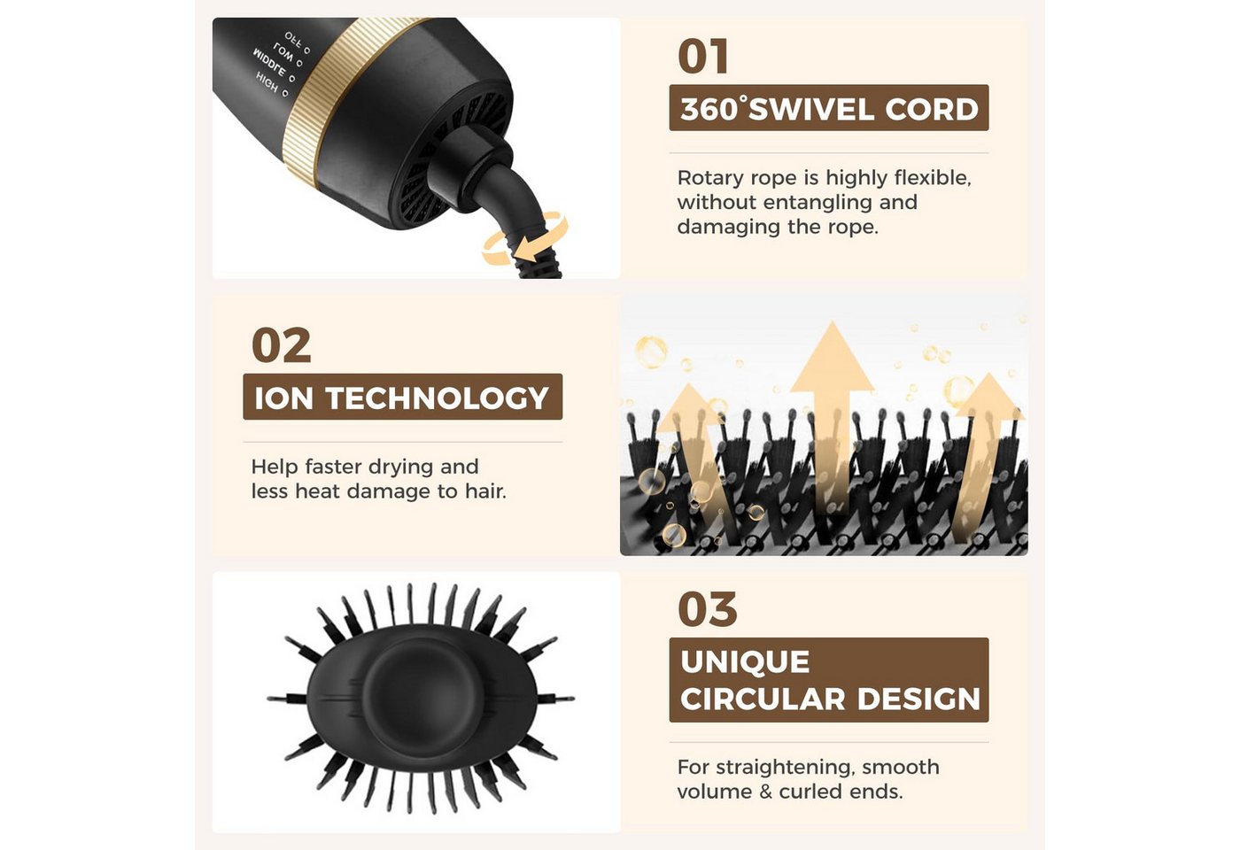 AURIVION Volumen- und Lockenstyler Lockenstyler mit Ionenfunktion für schnelles Haarstyling, Ionen Rundbürste Lockenstab für glattes & volles Haar, Multifunktionale Haarstyler Bürste für Volumen & Locken Bild 3