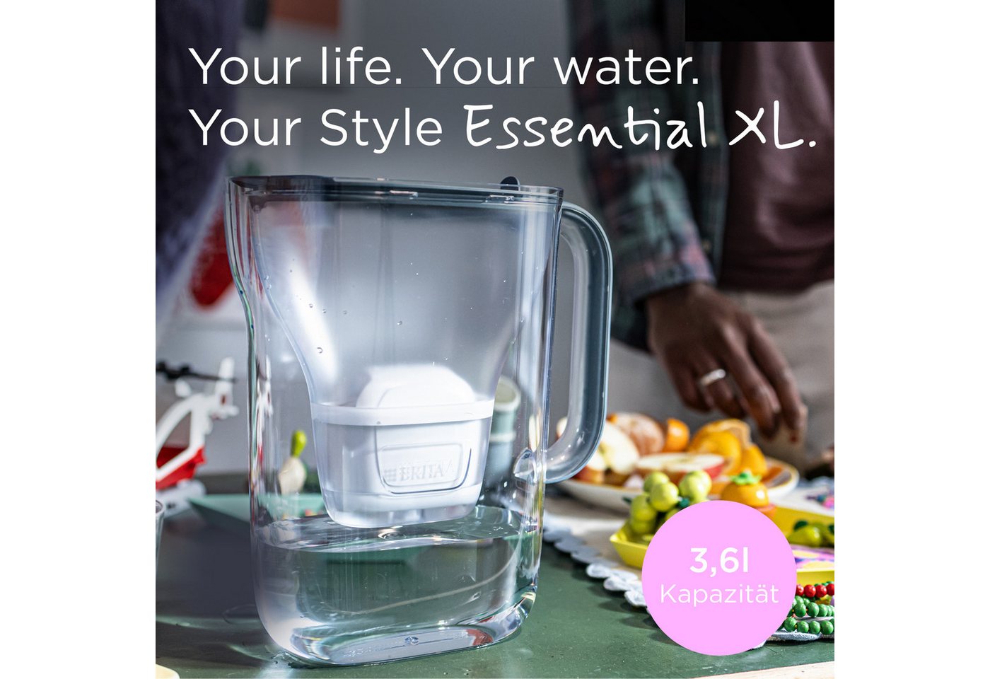 BRITA Wasserfilter Kanne Style Essential XL steinblau 3,6L, 1 MAXTRA PRO Extra Kalkschutz, Große Filterkanne, Filterwechselanzeige, Kalkfiltration & Geräteschutz