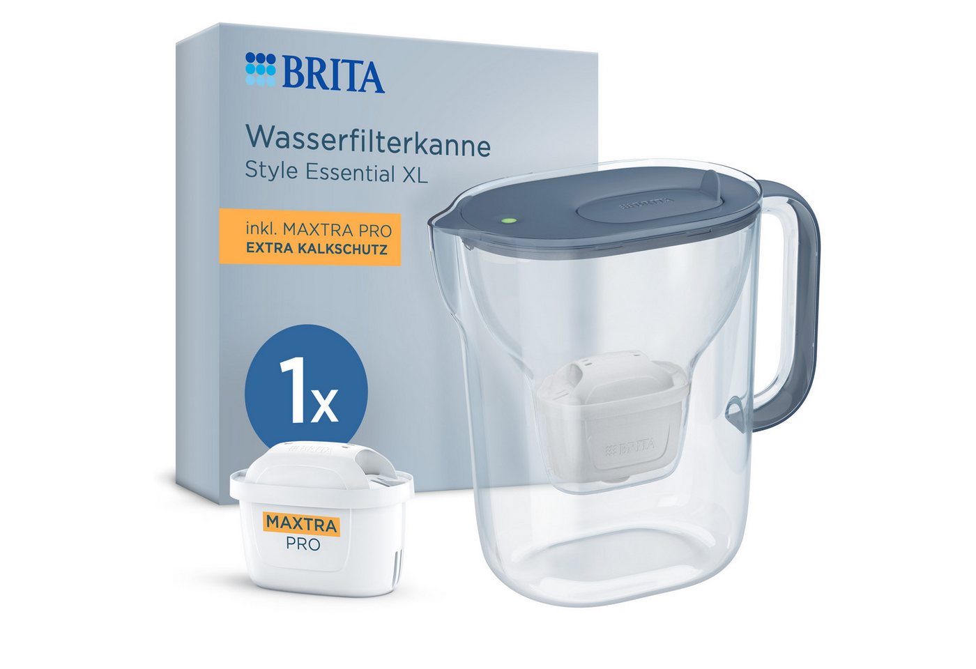 BRITA Wasserfilter Kanne Style Essential XL steinblau 3,6L, 1 MAXTRA PRO Extra Kalkschutz, Große Filterkanne, Filterwechselanzeige, Kalkfiltration & Geräteschutz Bild 2