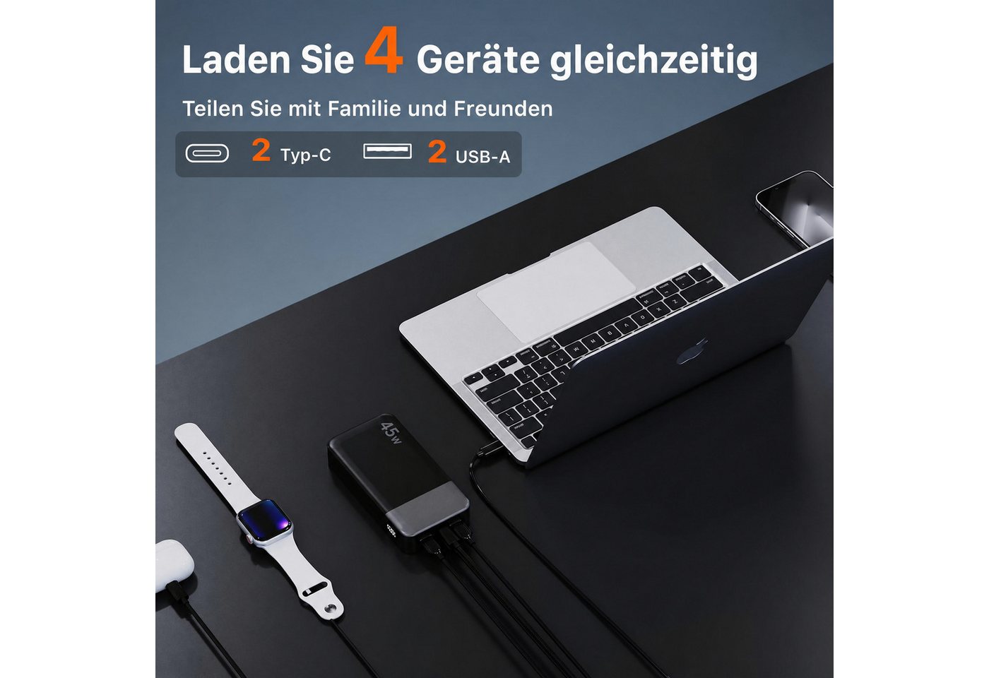 JUOVI Power Bank 45W 20000mAh USB C Schnellladegerät PD QC Fast Charging Powerbank, 4-Port (2C+2A) LED Display, für iPhone 15, iPad, MacBook Bild 5