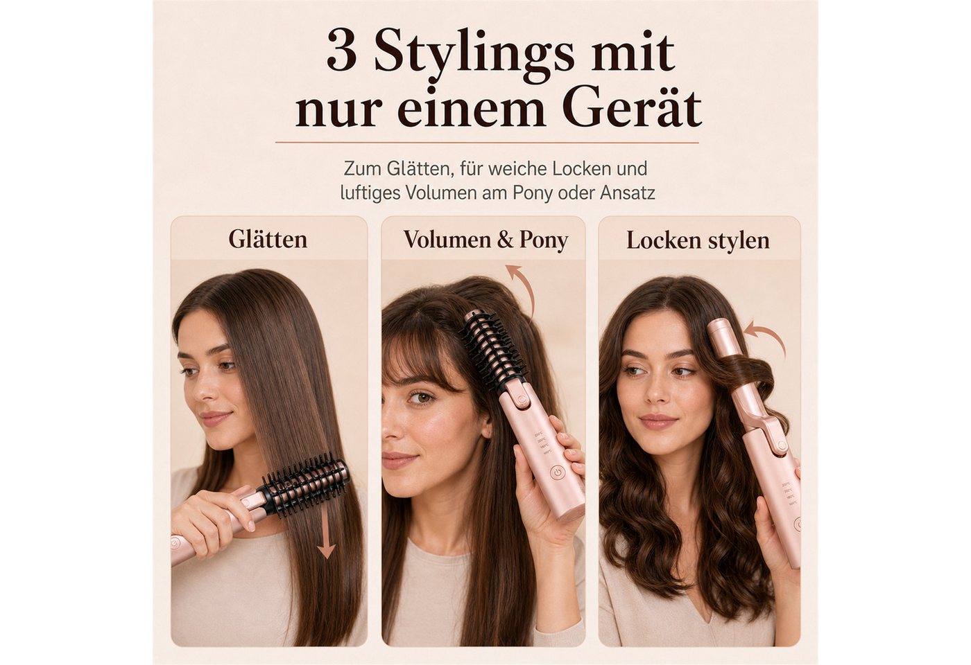 Futicare Lockenstab kabellos, multifunktionaler Haarstyler & Mini-Lockenbürste, 7000-mAh-Akku, USB-C-aufladbar, negative Ionen, 4 Temperaturstufen 160–220 °C, ideal für Reisen, Nude-Rosé Bild 2