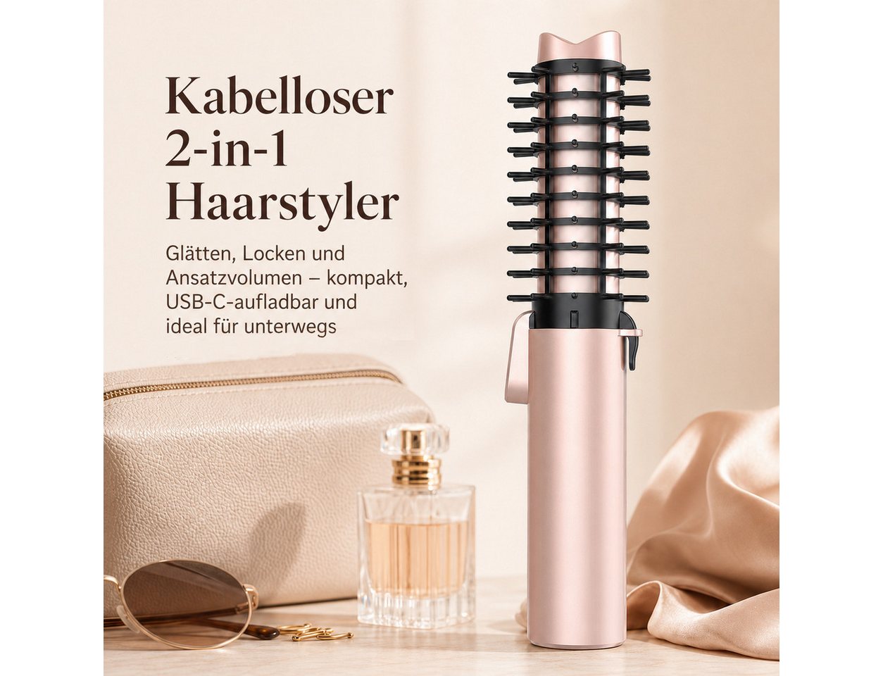 Futicare Lockenstab kabellos, multifunktionaler Haarstyler & Mini-Lockenbürste, 7000-mAh-Akku, USB-C-aufladbar, negative Ionen, 4 Temperaturstufen 160–220 °C, ideal für Reisen, Nude-Rosé Bild 3