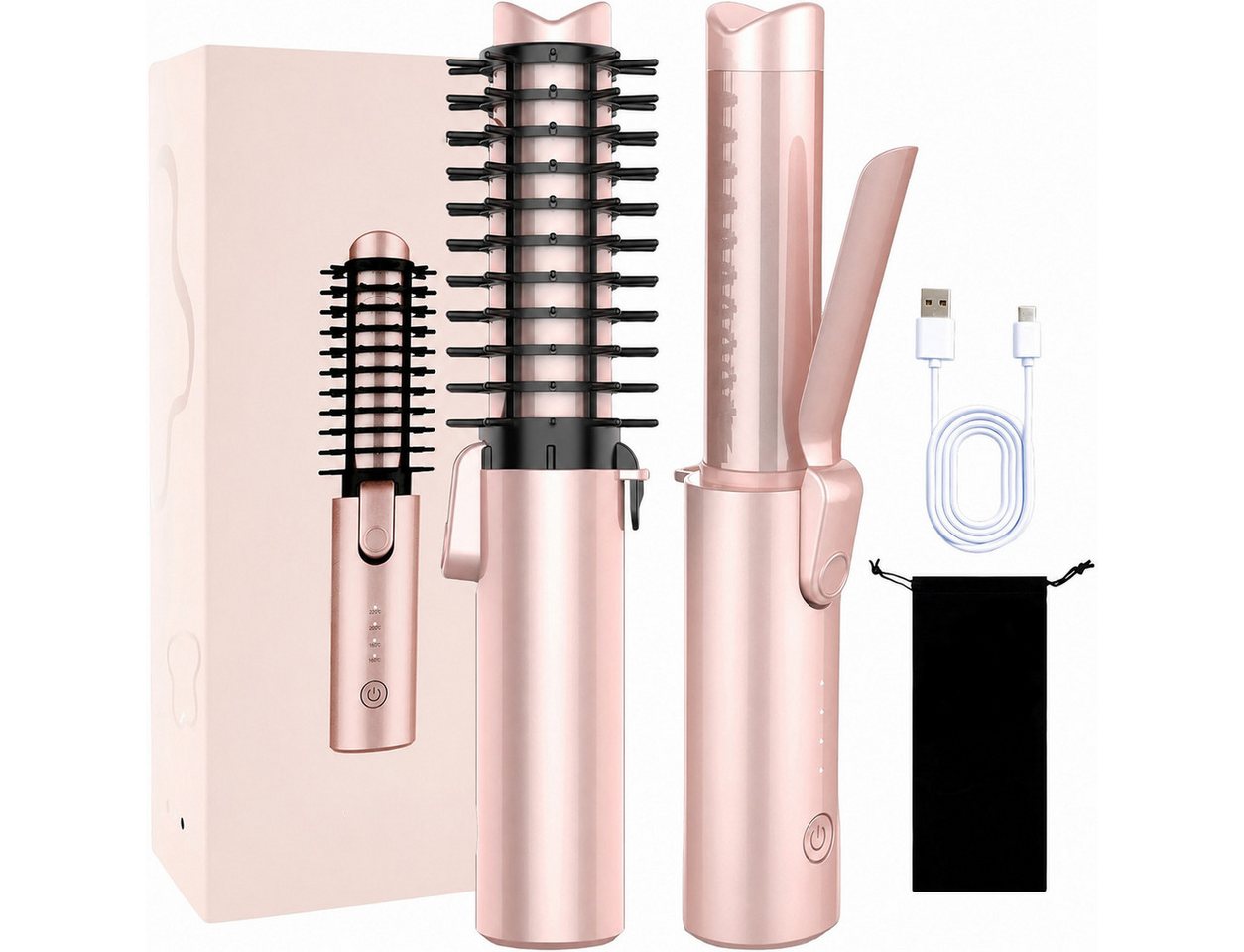 Futicare Lockenstab kabellos, multifunktionaler Haarstyler & Mini-Lockenbürste, 7000-mAh-Akku, USB-C-aufladbar, negative Ionen, 4 Temperaturstufen 160–220 °C, ideal für Reisen, Nude-Rosé Bild 4
