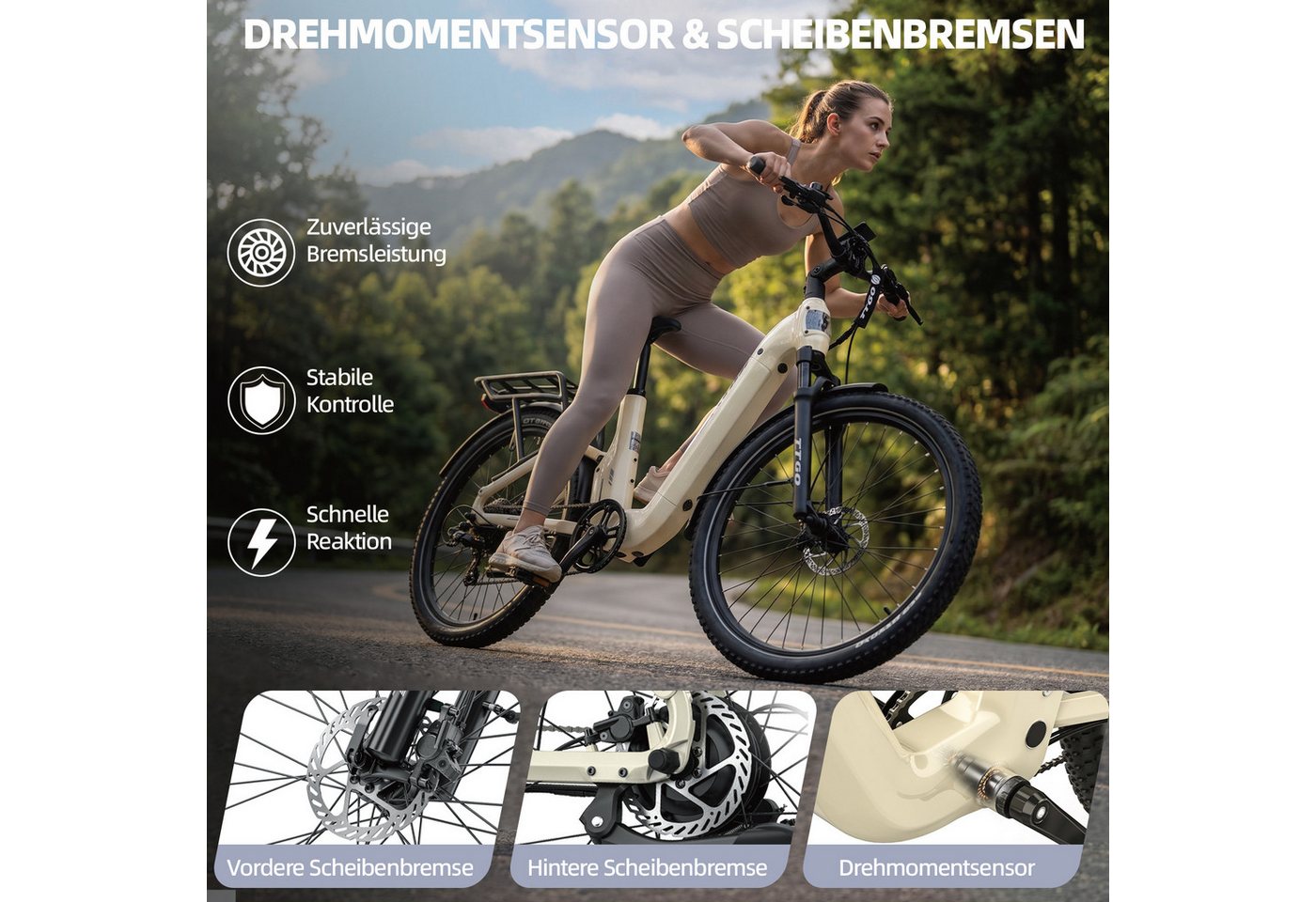 TTGO E-Bike Cityrad 28 Zoll Damen Herren, SUV, Fully, 48V 720Wh bis zu 140km, Bremslicht, 7 Gang Shimano ARDTY300D Schaltwerk, Kettenschaltung, Heckmotor, 720 Wh, (Softtail, Farb-LCD-Display, Drehmomentsensor), Vollfederung, Elektrofahrrad mit Tiefeinstieg, Trekkingrad, Pedelec Bild 2
