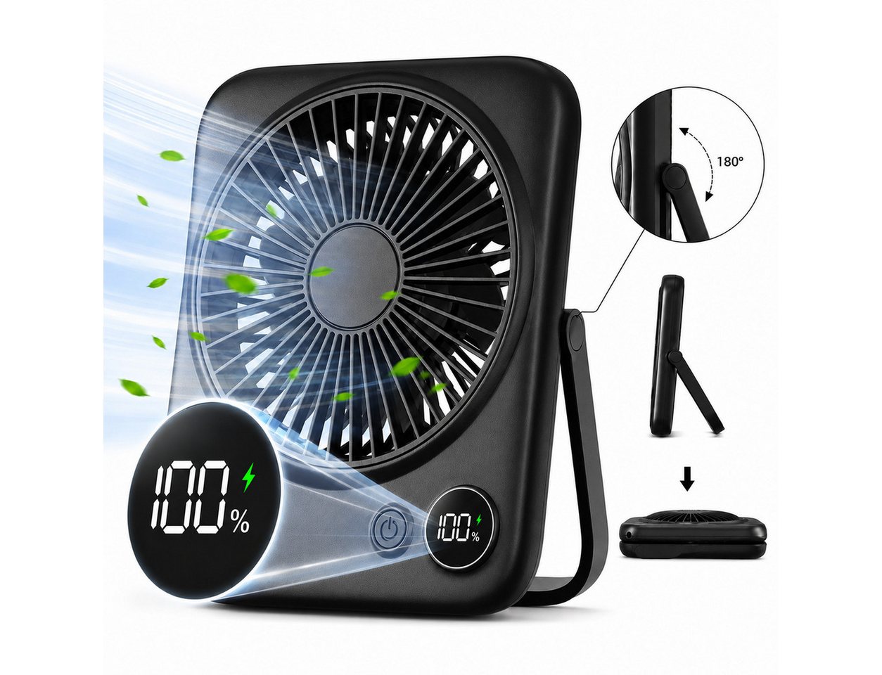 MOPUEA Tischventilator Ventilator Camping Tragbar, Ventilator Tisch mit LED-Display, 180° Klappbarer USB Lüfter Klein für Büro, Schlafzimmer, Reisen
