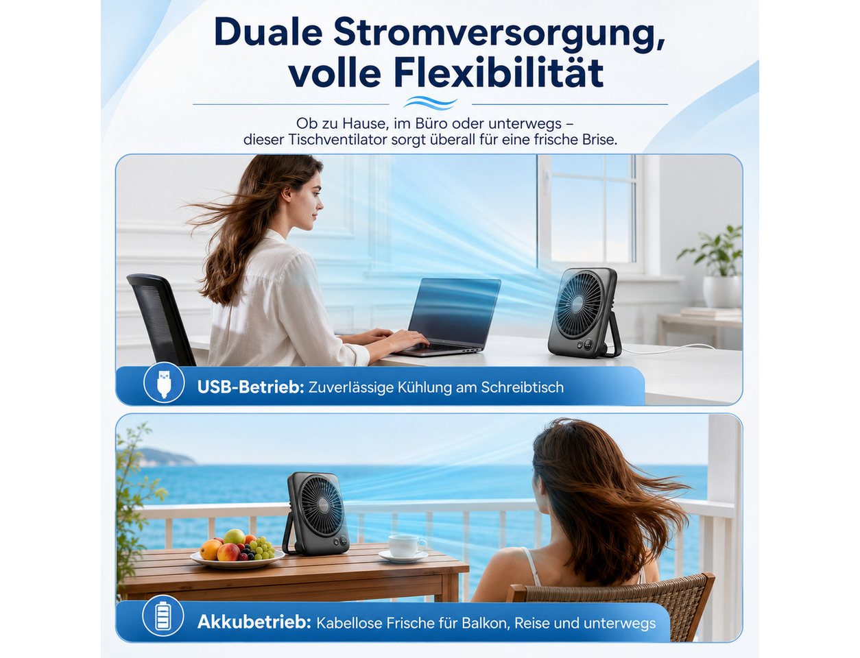 MOPUEA Tischventilator Ventilator Camping Tragbar, Ventilator Tisch mit LED-Display, 180° Klappbarer USB Lüfter Klein für Büro, Schlafzimmer, Reisen Bild 3