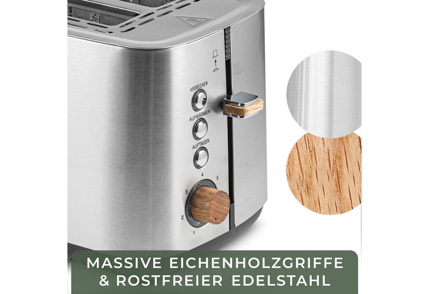 Waldwerk Toaster - 304 Edelstahl und Eichenholz - extra breite und tiefe Toastkammern, - mit Brötchenaufsatz - mit Krümelschublade