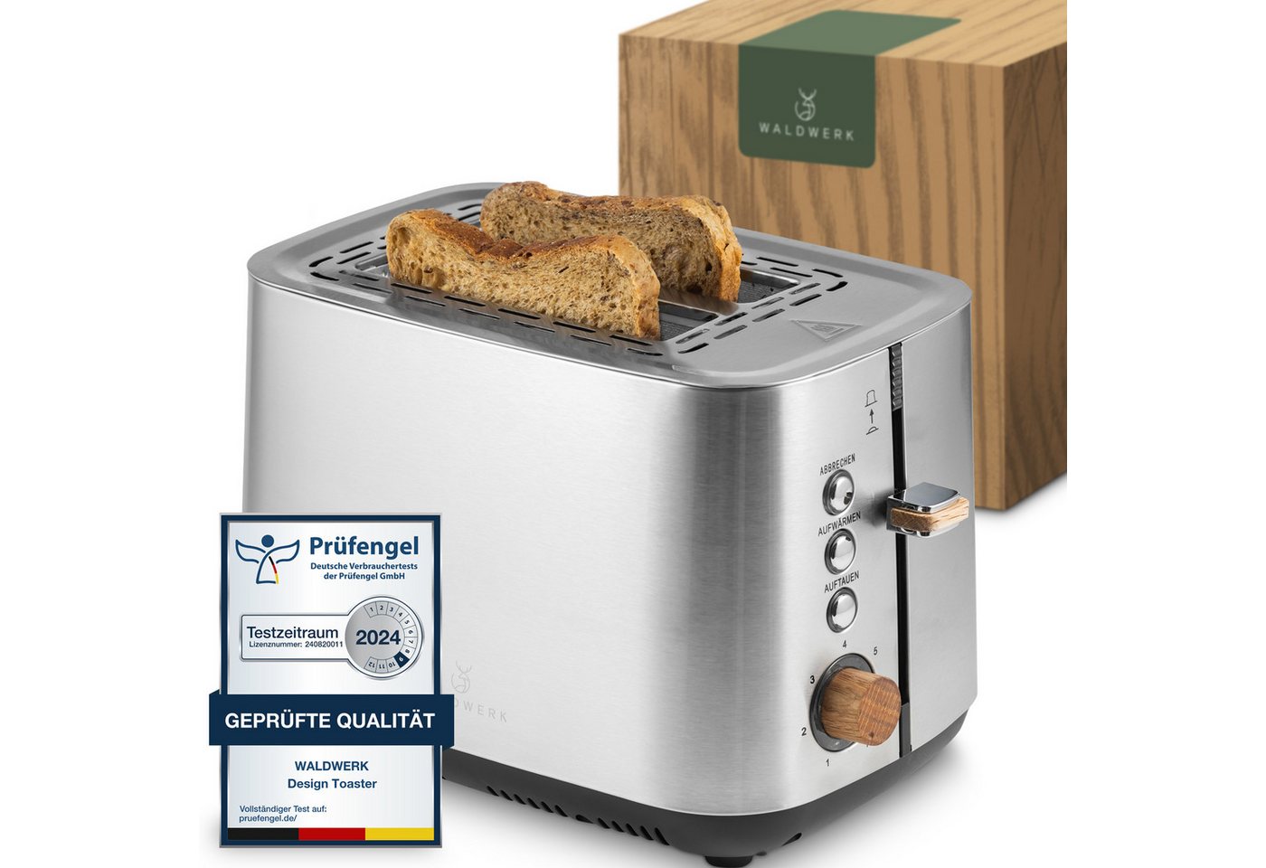 Waldwerk Toaster - 304 Edelstahl und Eichenholz - extra breite und tiefe Toastkammern, - mit Brötchenaufsatz - mit Krümelschublade Bild 2