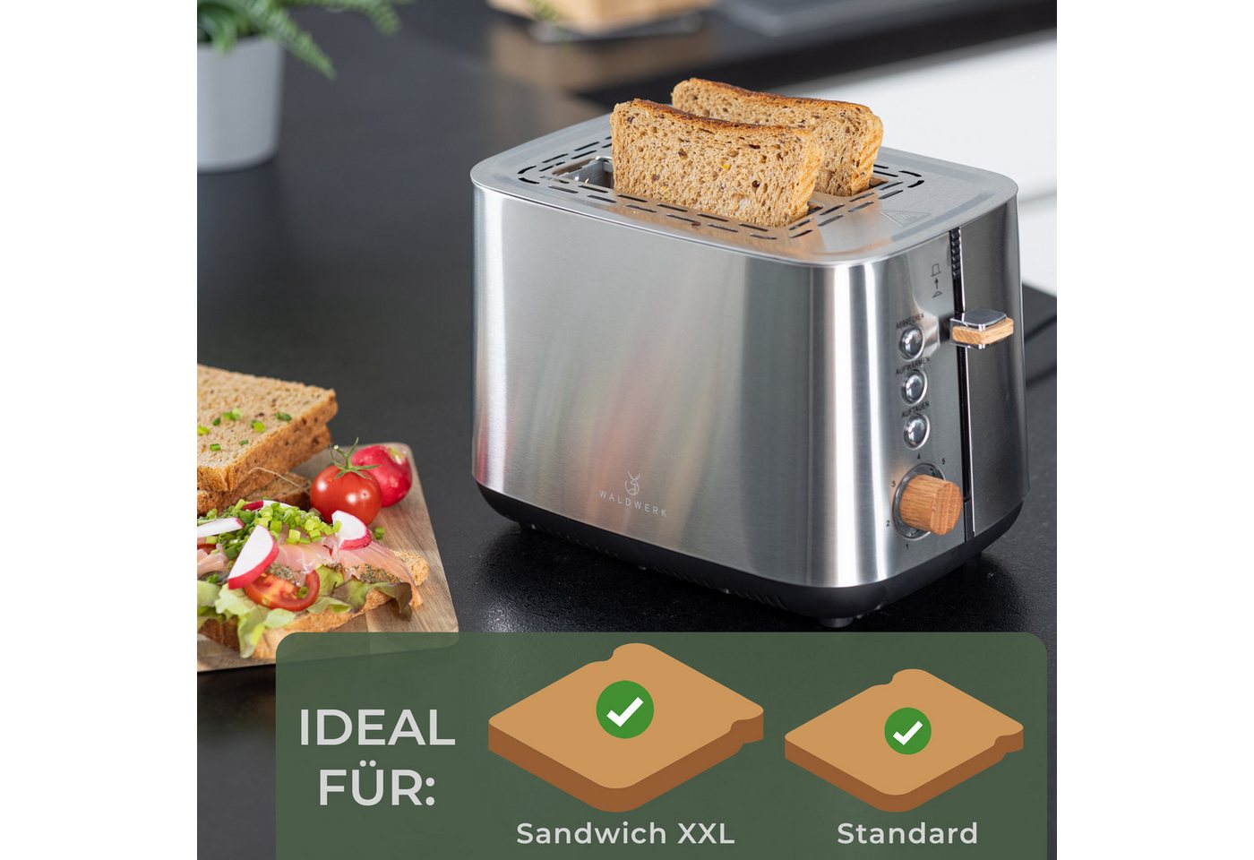 Waldwerk Toaster - 304 Edelstahl und Eichenholz - extra breite und tiefe Toastkammern, - mit Brötchenaufsatz - mit Krümelschublade Bild 3