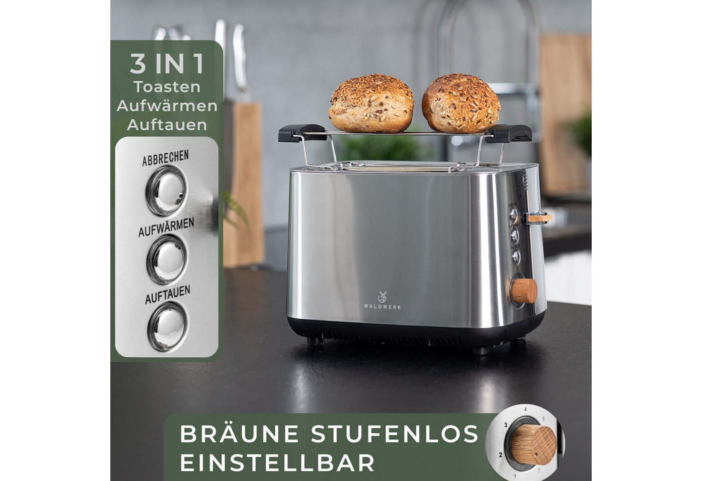 Waldwerk Toaster - 304 Edelstahl und Eichenholz - extra breite und tiefe Toastkammern, - mit Brötchenaufsatz - mit Krümelschublade Bild 4
