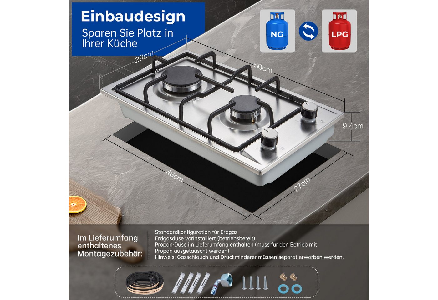 SNDOAS Gas-Kochfeld, Automatischer Flammenschutz, geeignet für Erdgas & Propangas Bild 3