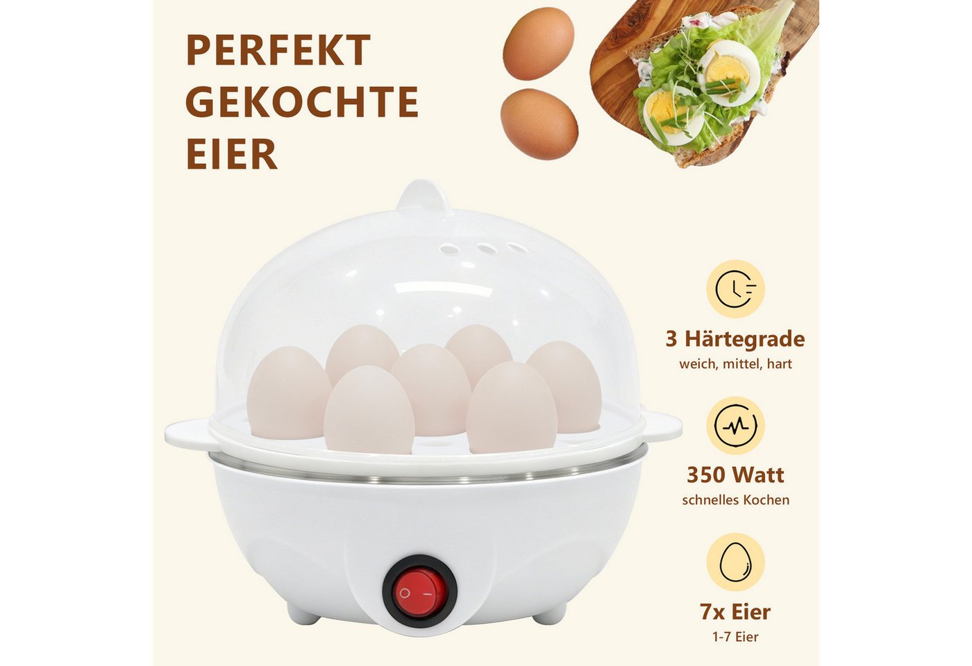 OZAVO Eierkocher für 1–7 Eier, 350W mit Messbecher & Härtegrad-Einstellung, Anzahl Eier: 7 St., 350 W, 3 Härtegrade, Überhitzungsschutz Bild 3