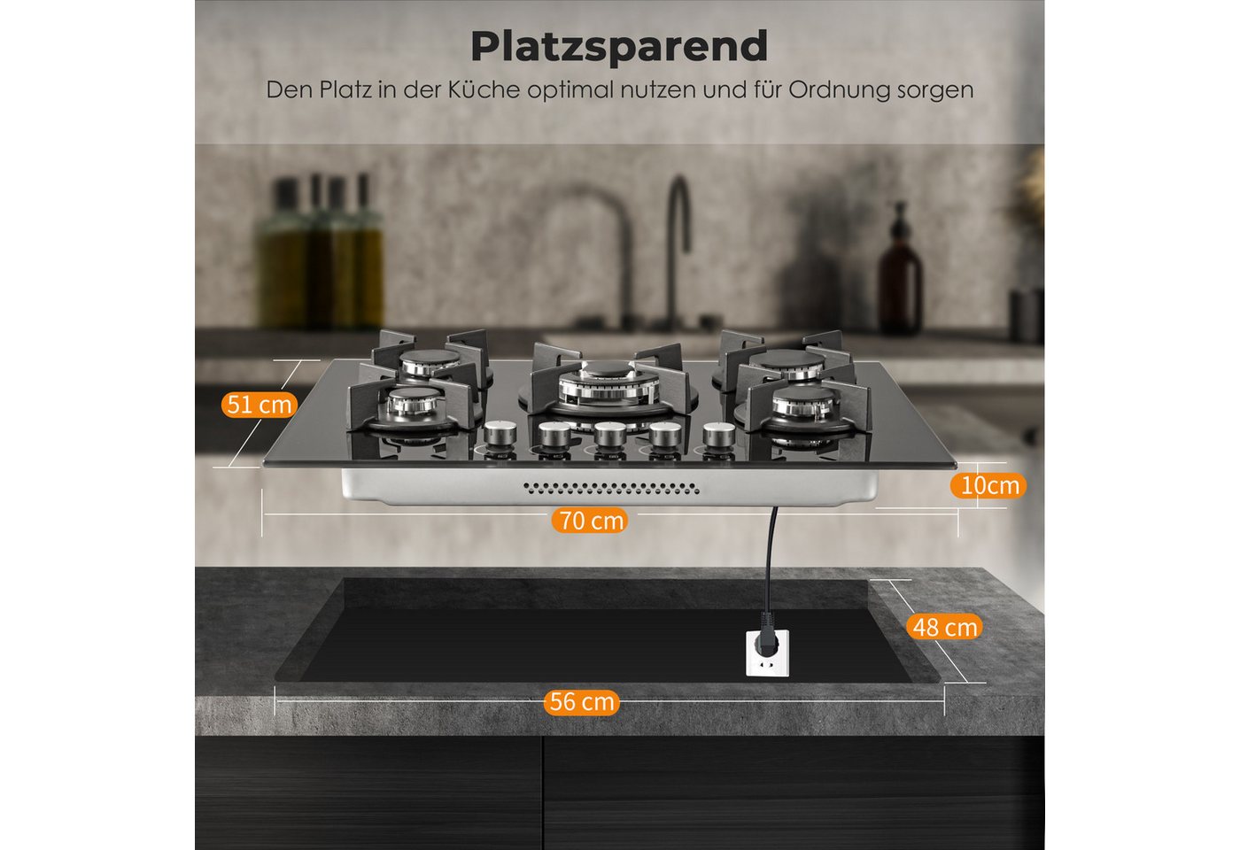 SNDOAS Gas-Kochfeld, Erdgas & Propangas, Einbau oder freistehend, 10400W, 220-240V