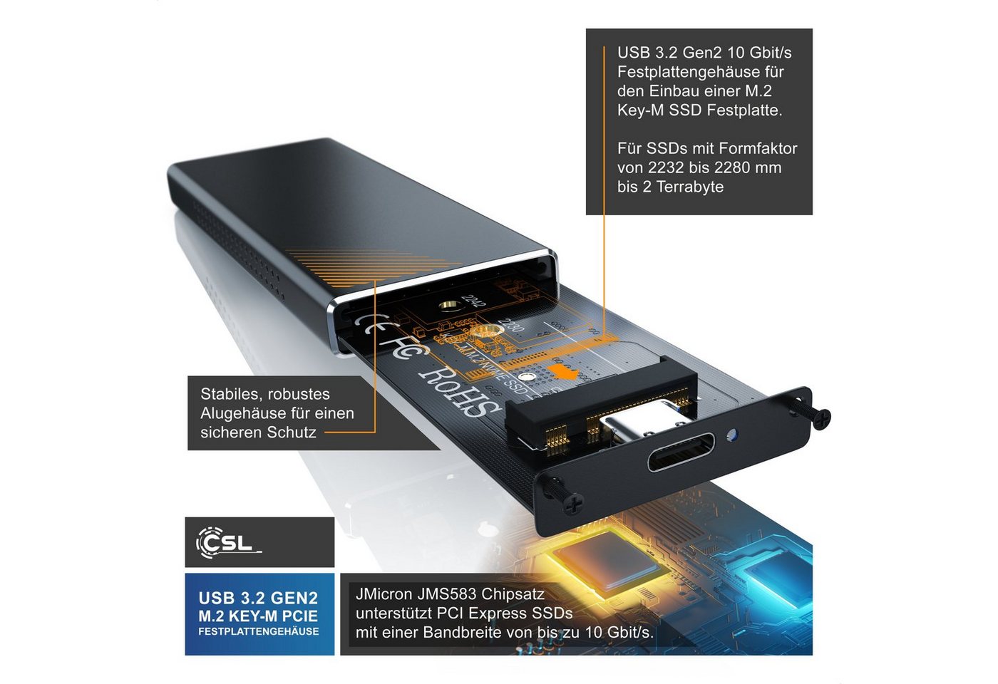 CSL Festplatten-Gehäuse für NVME M.2 SSDs, USB 3.2 Gen2 Festplattengehäuse aus Aluminium, M.2 Key-M PCIe extern, unterstützt UASP, Plug & Play, Typ C auf Typ A