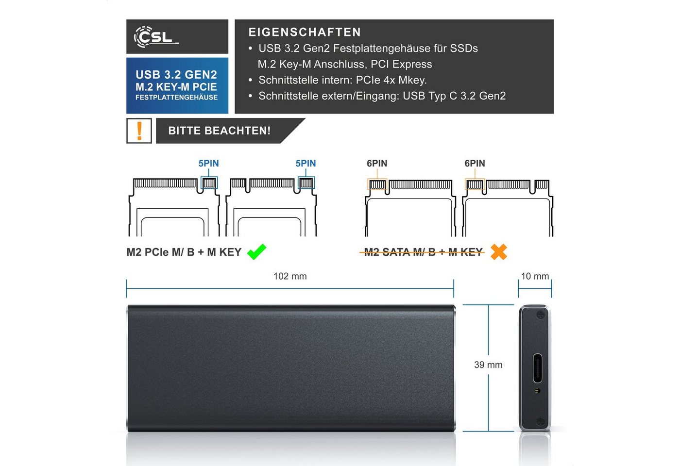 CSL Festplatten-Gehäuse für NVME M.2 SSDs, USB 3.2 Gen2 Festplattengehäuse aus Aluminium, M.2 Key-M PCIe extern, unterstützt UASP, Plug & Play, Typ C auf Typ A Bild 3