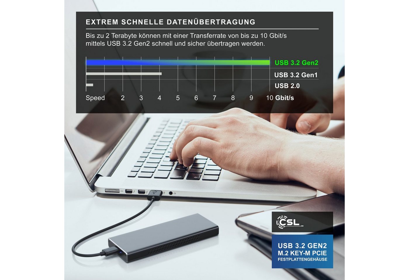 CSL Festplatten-Gehäuse für NVME M.2 SSDs, USB 3.2 Gen2 Festplattengehäuse aus Aluminium, M.2 Key-M PCIe extern, unterstützt UASP, Plug & Play, Typ C auf Typ A Bild 4