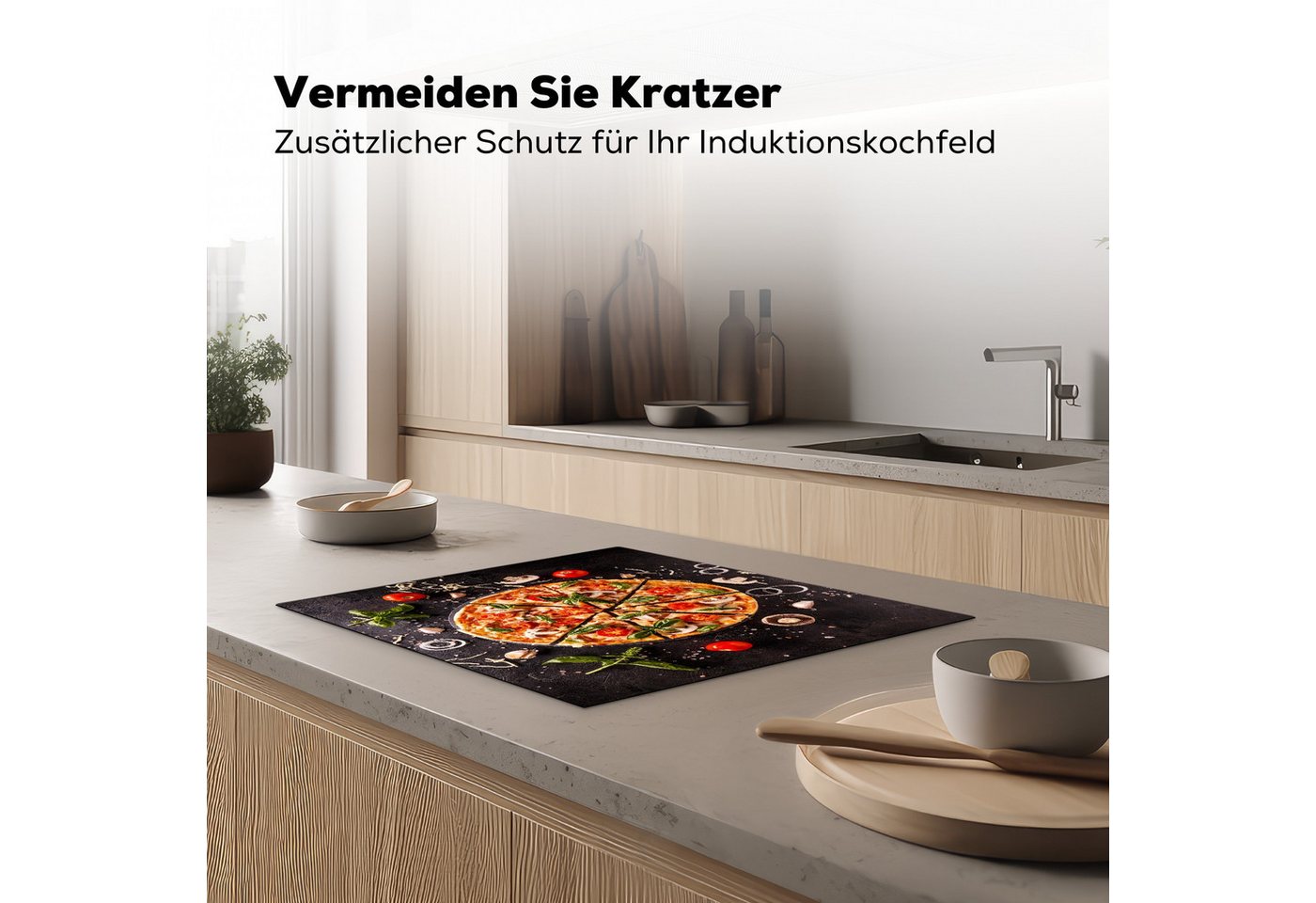 MuchoWow Herd-Abdeckplatte Pizza - Gemüse - Kräuter - Küche - Industrie, Vinyl, (1 tlg), Herdabdeckplatten für Ceranfeld, Induktionsschutz, 65x55 cm
