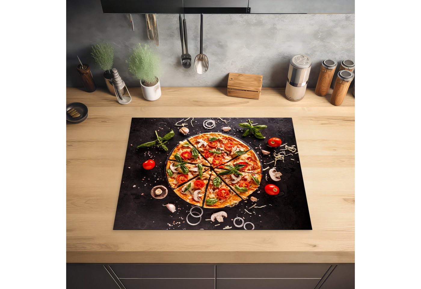 MuchoWow Herd-Abdeckplatte Pizza - Gemüse - Kräuter - Küche - Industrie, Vinyl, (1 tlg), Herdabdeckplatten für Ceranfeld, Induktionsschutz, 65x55 cm Bild 2