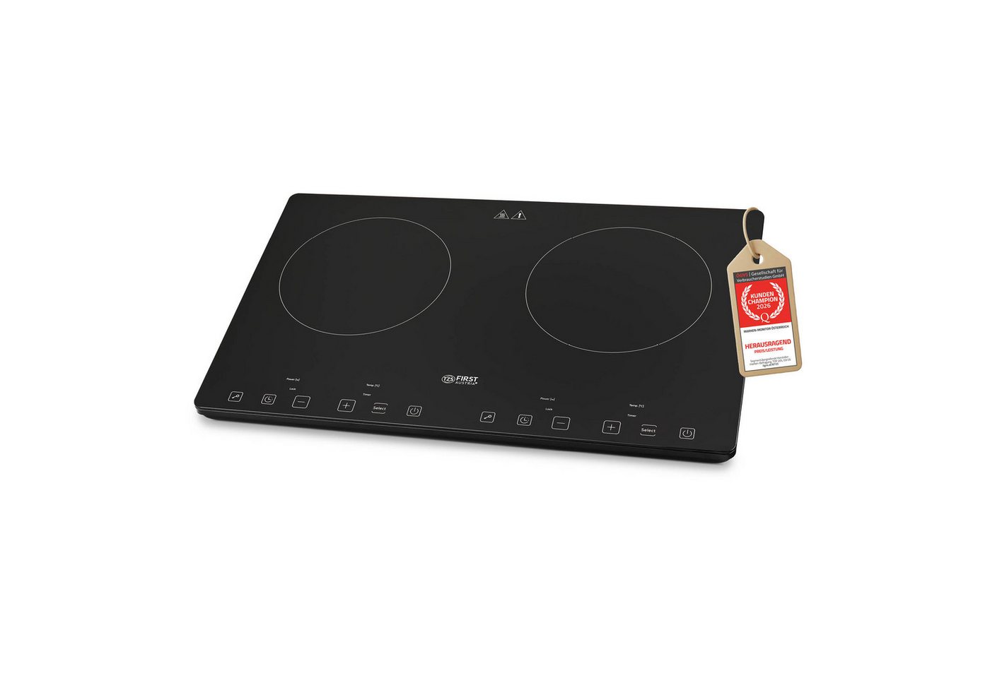 TZS FIRST AUSTRIA Doppelkochplatte 3400W, Induktionskochplatte, 10 Temperaturstufen & Timer, Slim Design, 2x210 mm Kochzonen, Kindersicherung, Überhitzungsschutz, Touch Control
