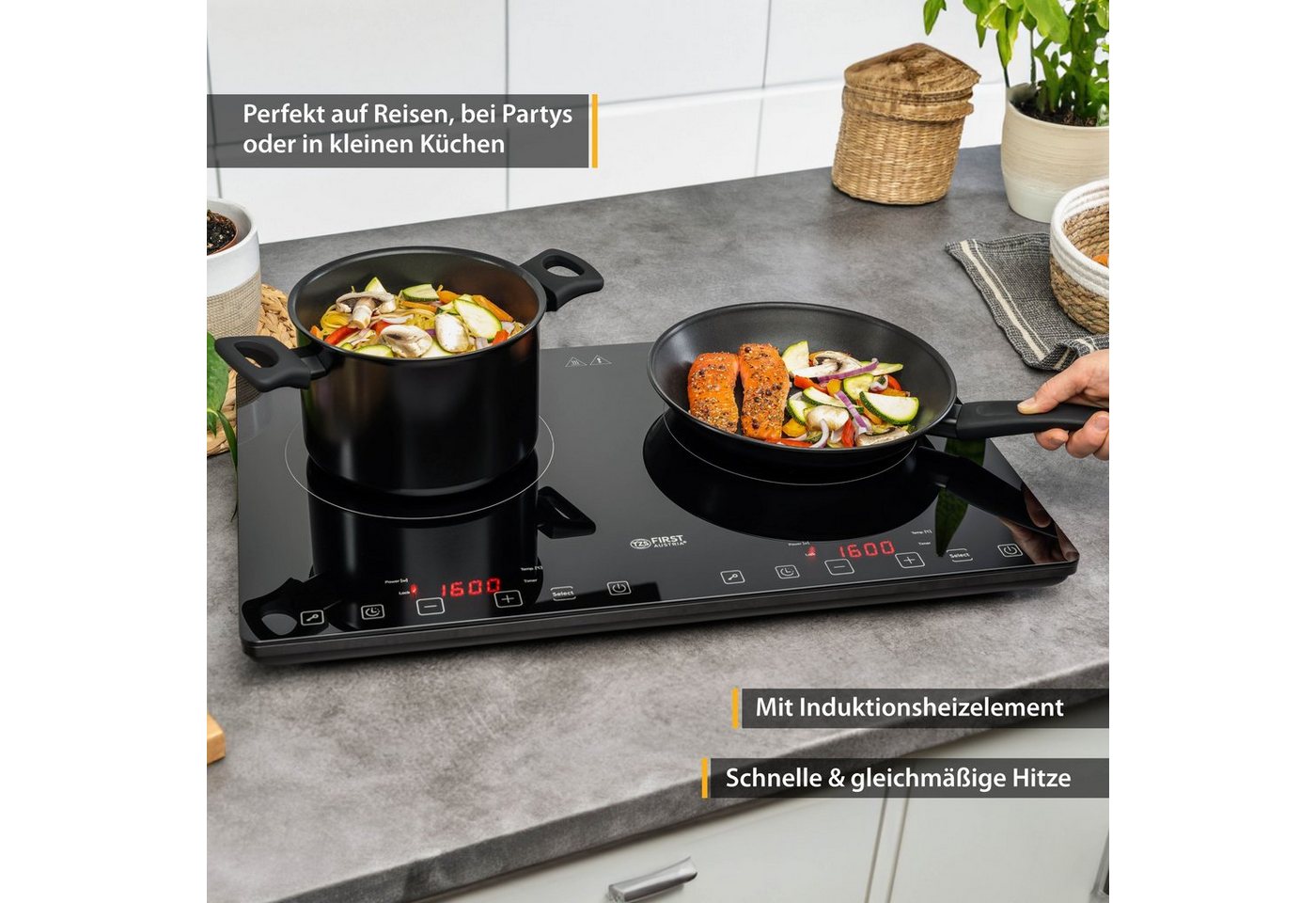 TZS FIRST AUSTRIA Doppelkochplatte 3400W, Induktionskochplatte, 10 Temperaturstufen & Timer, Slim Design, 2x210 mm Kochzonen, Kindersicherung, Überhitzungsschutz, Touch Control Bild 3