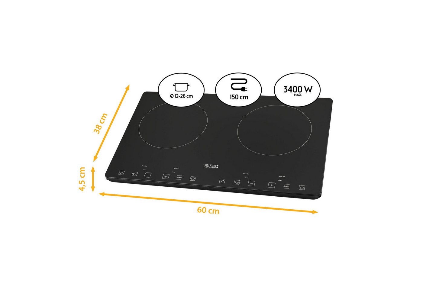 TZS FIRST AUSTRIA Doppelkochplatte 3400W, Induktionskochplatte, 10 Temperaturstufen & Timer, Slim Design, 2x210 mm Kochzonen, Kindersicherung, Überhitzungsschutz, Touch Control Bild 4