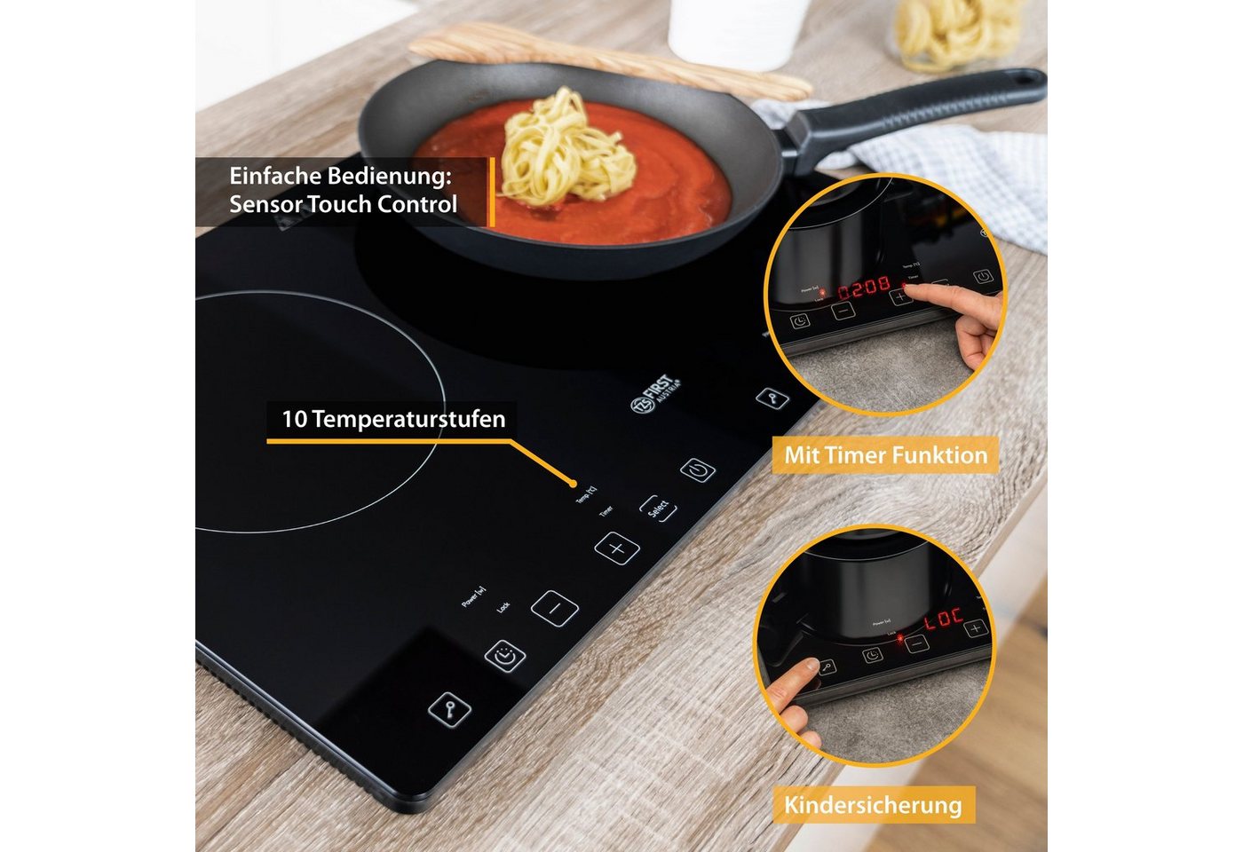 TZS FIRST AUSTRIA Doppelkochplatte 3400W, Induktionskochplatte, 10 Temperaturstufen & Timer, Slim Design, 2x210 mm Kochzonen, Kindersicherung, Überhitzungsschutz, Touch Control Bild 5
