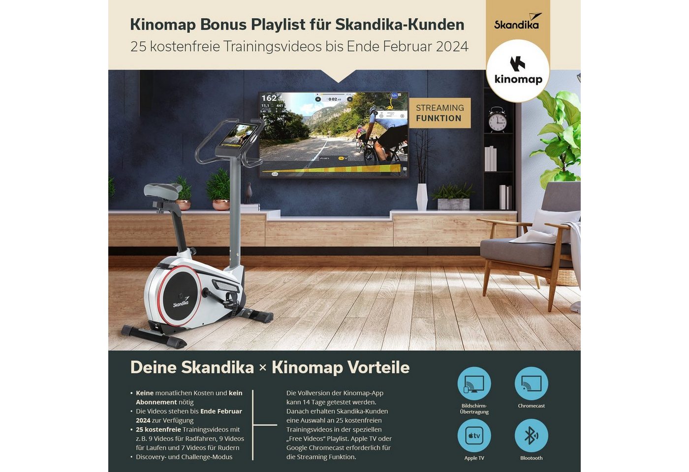 Skandika Ergometer für Zuhause, Fahrrad Morpheus, bis 150 kg, Bluetooth, inkl. Pulsgurt (Tablet-/Smartphone-Halterung, Transportrollen, mit Bodenschutzmatte), 12kg Schwungmasse, 32 Stufen, 24 Programme, kompatibel mit Kinomap/App Bild 2