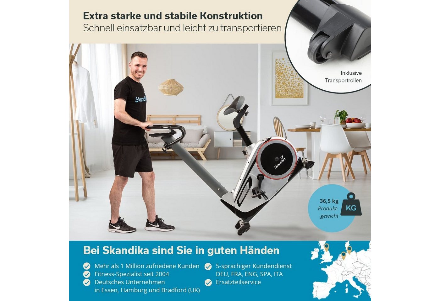 Skandika Ergometer für Zuhause, Fahrrad Morpheus, bis 150 kg, Bluetooth, inkl. Pulsgurt (Tablet-/Smartphone-Halterung, Transportrollen, mit Bodenschutzmatte), 12kg Schwungmasse, 32 Stufen, 24 Programme, kompatibel mit Kinomap/App Bild 3