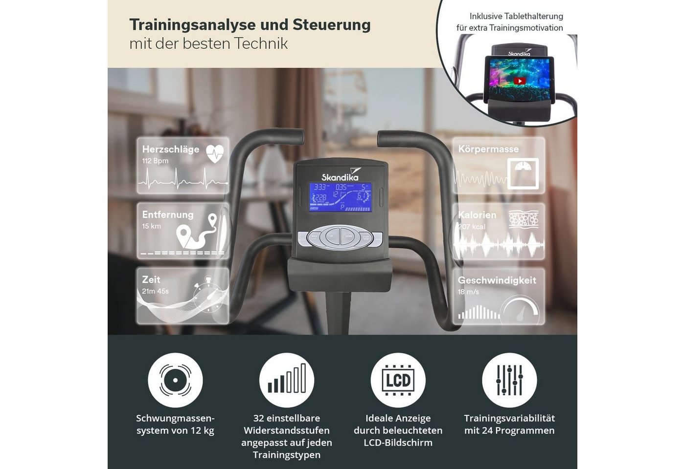 Skandika Ergometer für Zuhause, Fahrrad Morpheus, bis 150 kg, Bluetooth, inkl. Pulsgurt (Tablet-/Smartphone-Halterung, Transportrollen, mit Bodenschutzmatte), 12kg Schwungmasse, 32 Stufen, 24 Programme, kompatibel mit Kinomap/App Bild 4