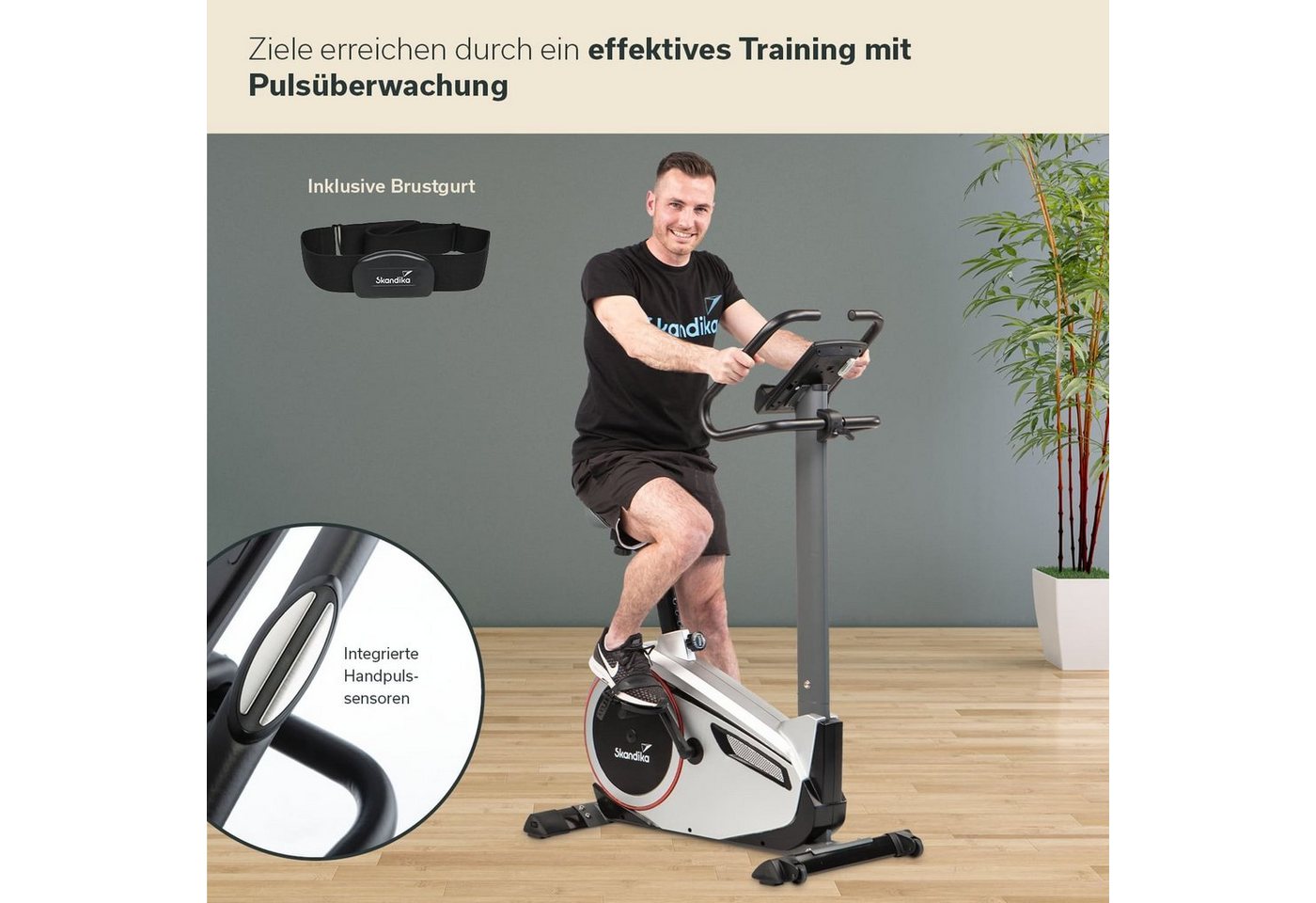 Skandika Ergometer für Zuhause, Fahrrad Morpheus, bis 150 kg, Bluetooth, inkl. Pulsgurt (Tablet-/Smartphone-Halterung, Transportrollen, mit Bodenschutzmatte), 12kg Schwungmasse, 32 Stufen, 24 Programme, kompatibel mit Kinomap/App Bild 5