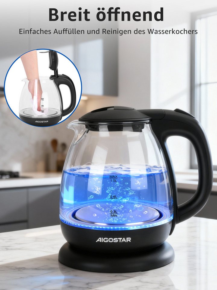 Aigostar Wasserkocher Wasserkocher Glas 1L, Mit LED-Beleuchtung, 2200W, 2200 W, Kompakter 1L Glas-Wasserkocher mit blauer LED-Innenbeleuchtung