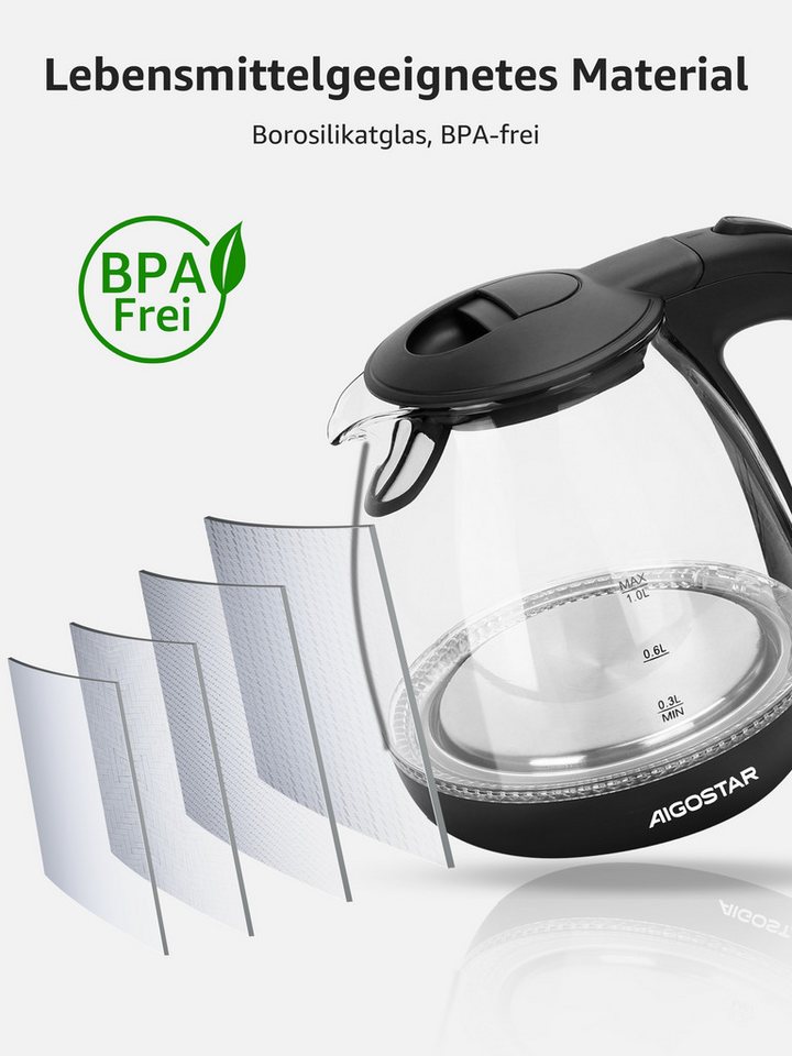 Aigostar Wasserkocher Wasserkocher Glas 1L, Mit LED-Beleuchtung, 2200W, 2200 W, Kompakter 1L Glas-Wasserkocher mit blauer LED-Innenbeleuchtung Bild 3