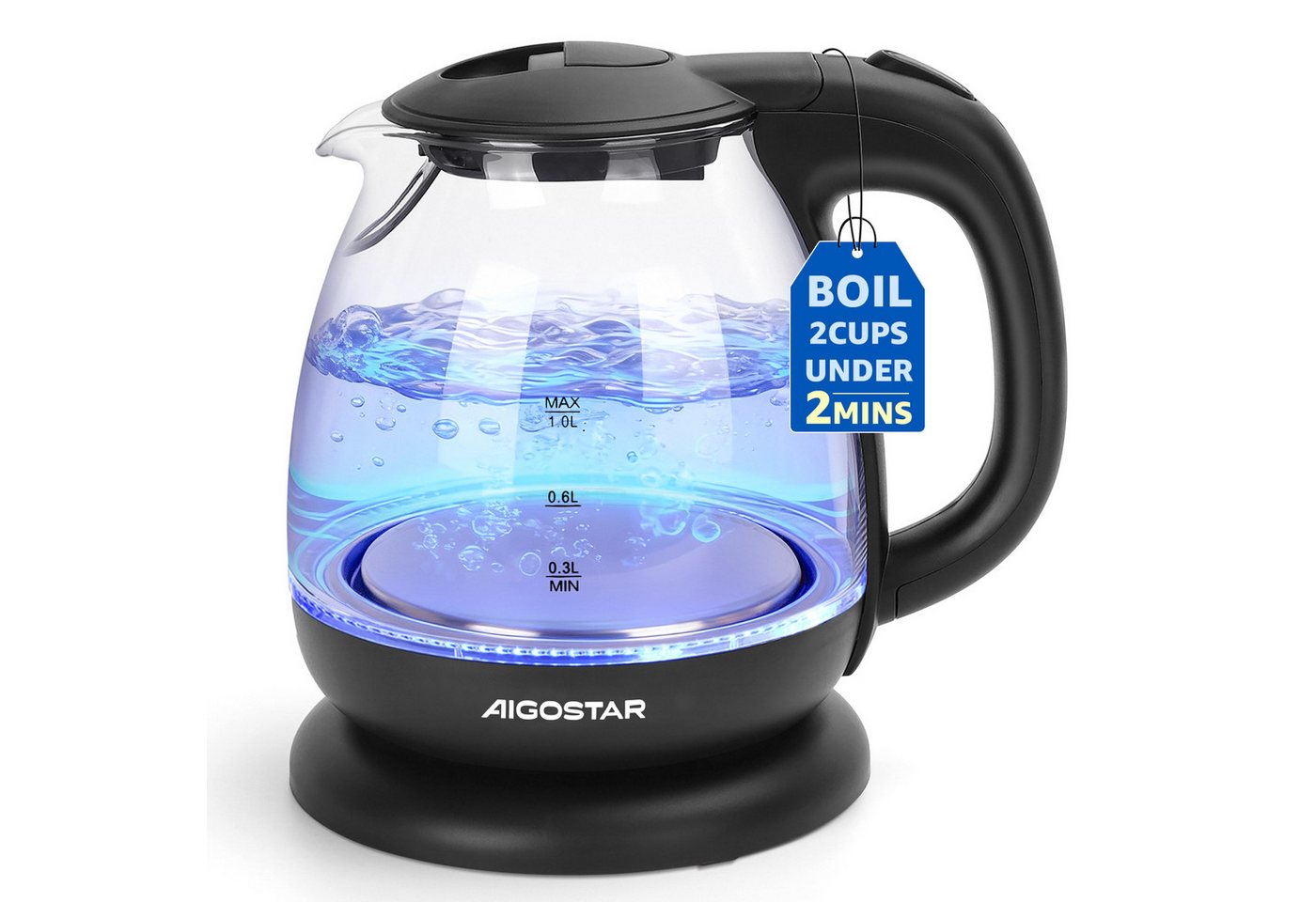 Aigostar Wasserkocher Wasserkocher Glas 1L, Mit LED-Beleuchtung, 2200W, 2200 W, Kompakter 1L Glas-Wasserkocher mit blauer LED-Innenbeleuchtung Bild 4