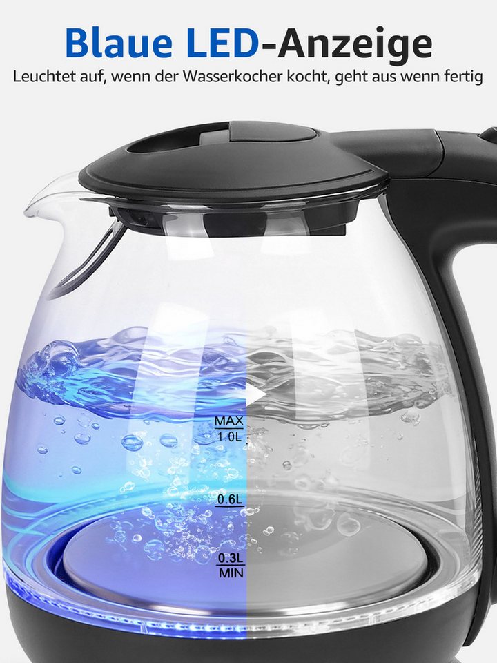 Aigostar Wasserkocher Wasserkocher Glas 1L, Mit LED-Beleuchtung, 2200W, 2200 W, Kompakter 1L Glas-Wasserkocher mit blauer LED-Innenbeleuchtung Bild 5