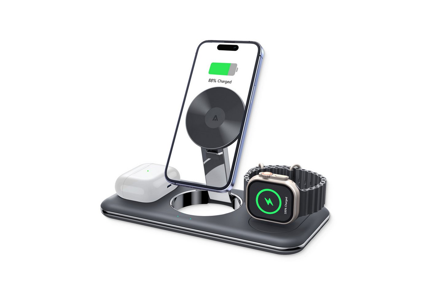 alkaya. Wireless 3 in 1 Ladestation kompatibel mit Magsafe, Ladegerät Ladestation (iWatch, Samsung/Apple Handys, AirPods aufladen, LED-Anzeige)