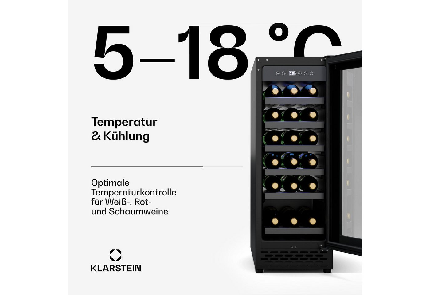 Klarstein Weinkühlschrank Vinovilla Uno 18, für 18 Standardflaschen á 0,75l,Wein Flaschenkühlschrank Weintemperierschrank Weinschrank Kühlschrank