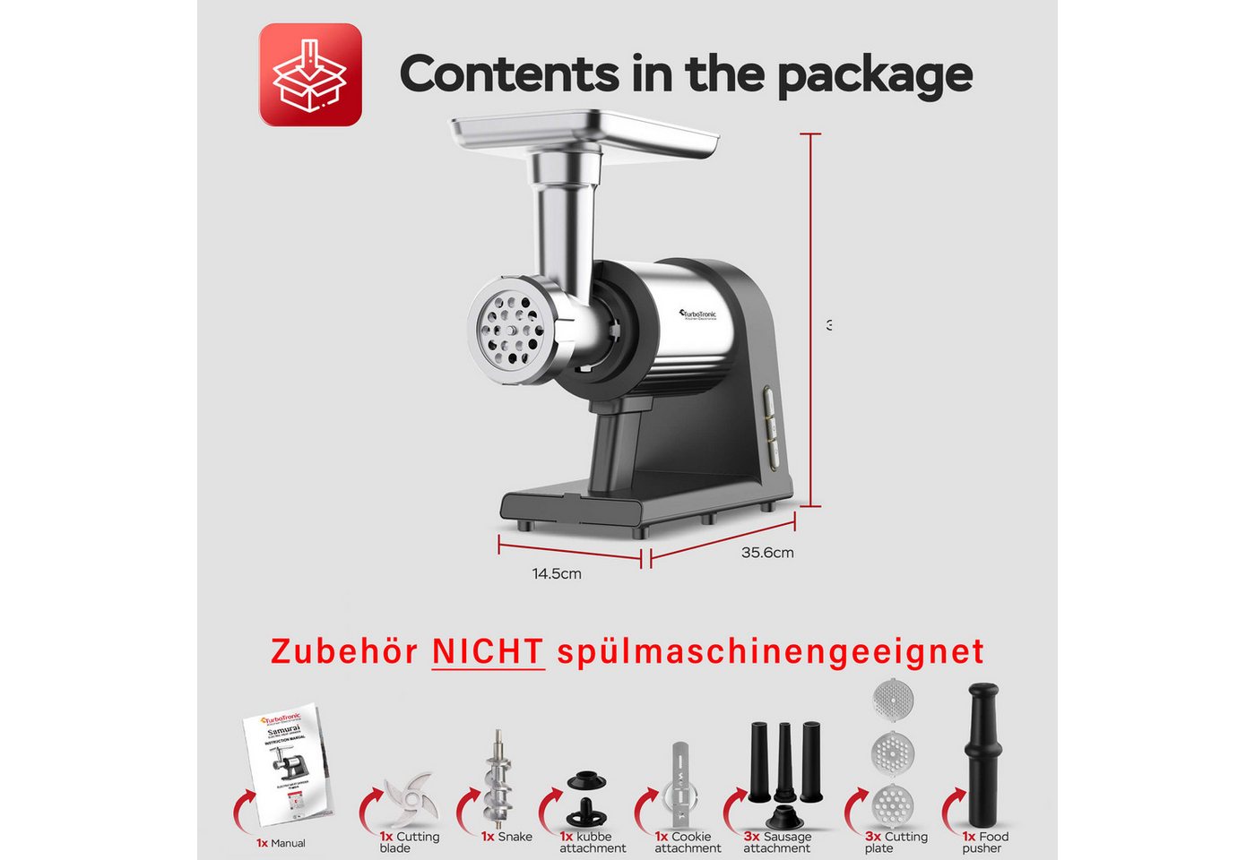 TurboTronic by Z-Line Fleischwolf 2600W mit Spritzgebäckvorsatz Metallgetriebe & Edelstahl Messer Meat, 2600 W, Grinder Mincer Wurstfüller Kebbeh Aufsatz Hackfleisch beste Maschine Bild 2