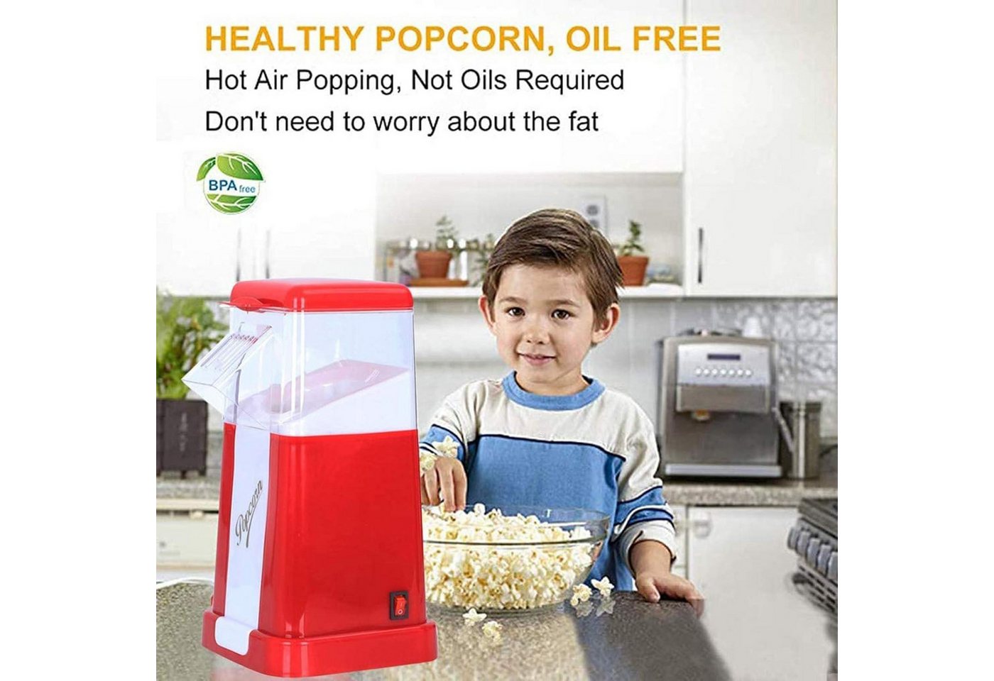 OYLCDI Popcornmaschine Popcornmaschine,Popcorn Maker,Popcornmaschine Heissluft, ohne Öl, 3 Minuten Schnell, Zuhause Filme und Weihnachten Partys