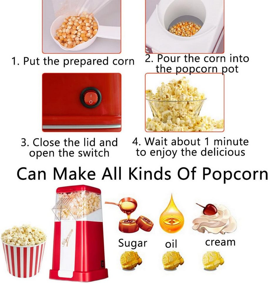 OYLCDI Popcornmaschine Popcornmaschine,Popcorn Maker,Popcornmaschine Heissluft, ohne Öl, 3 Minuten Schnell, Zuhause Filme und Weihnachten Partys Bild 4