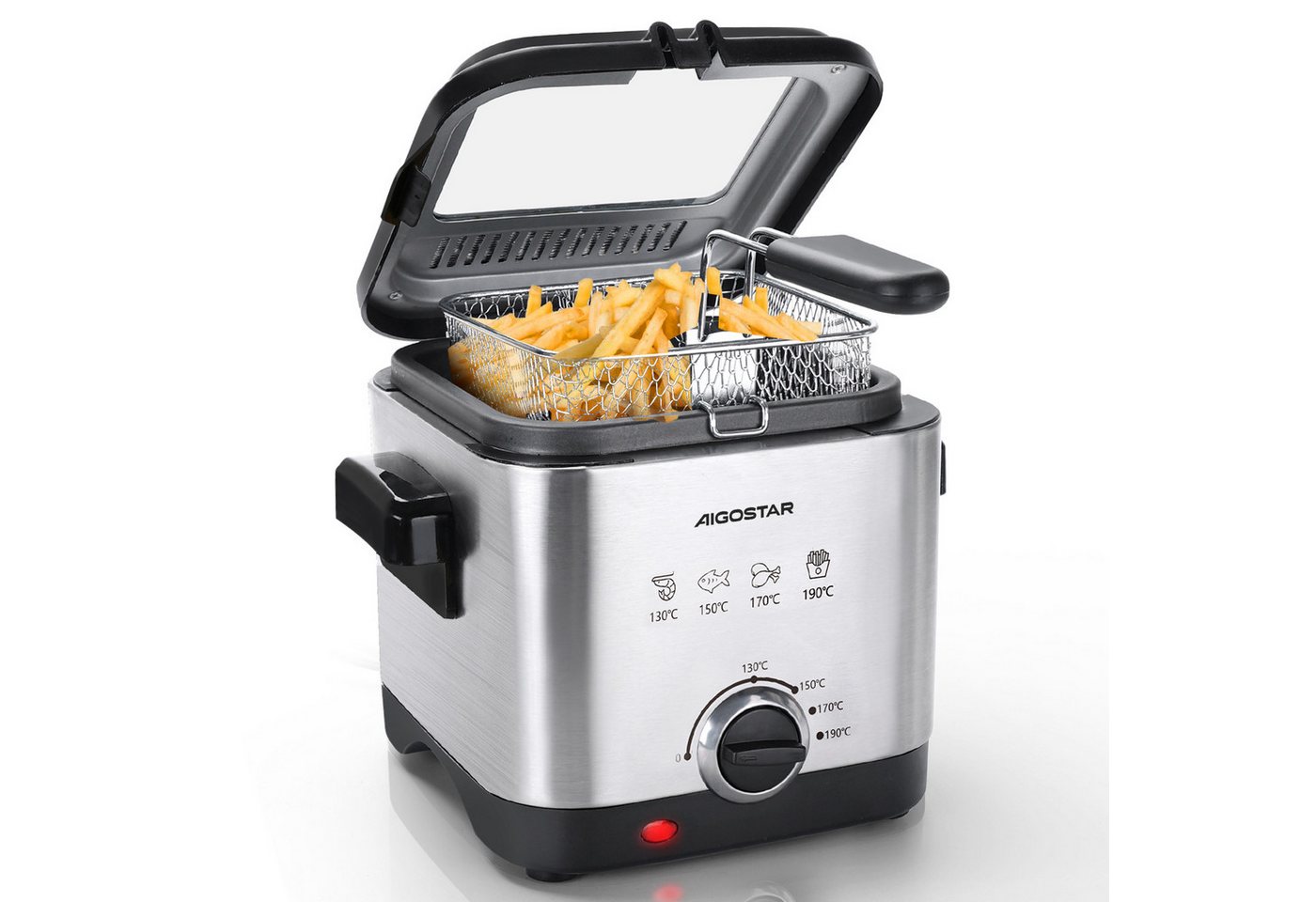 Aigostar Fritteuse Mini Fritteuse, Temperaturkontrolle, Edelstahl 1,5 L,1000W Fries