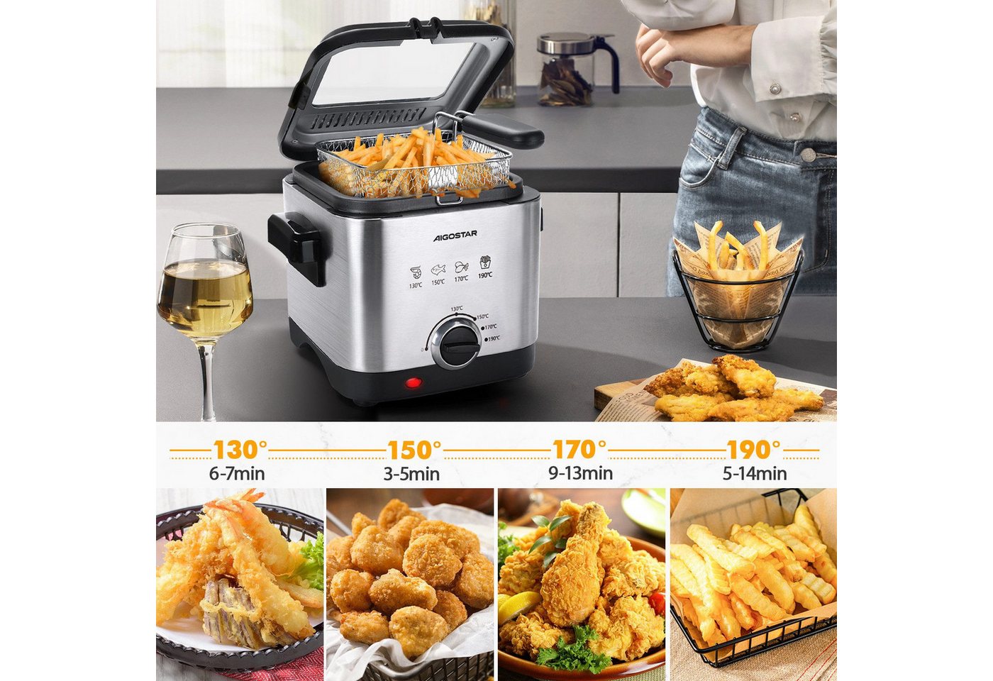 Aigostar Fritteuse Mini Fritteuse, Temperaturkontrolle, Edelstahl 1,5 L,1000W Fries Bild 2