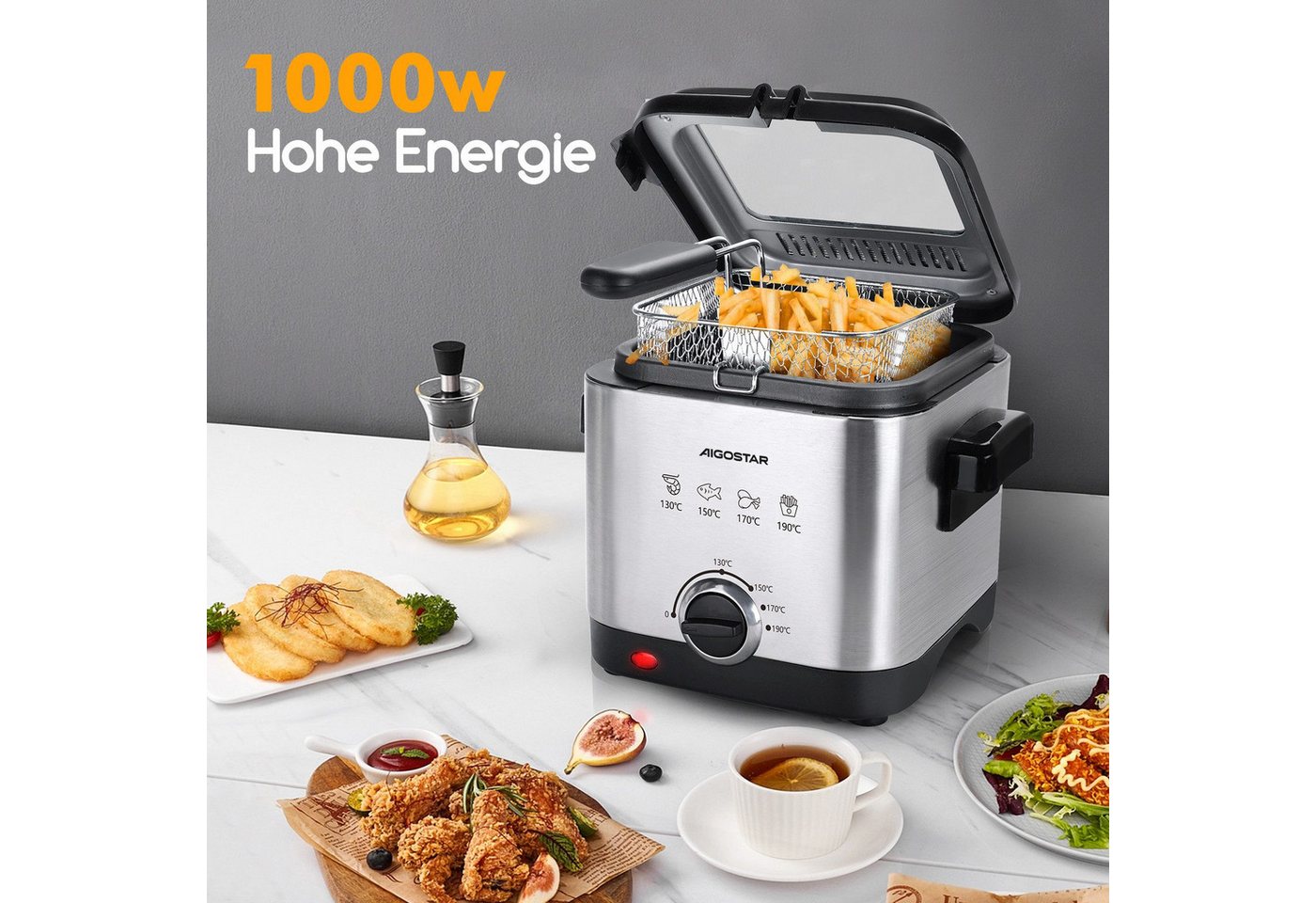 Aigostar Fritteuse Mini Fritteuse, Temperaturkontrolle, Edelstahl 1,5 L,1000W Fries Bild 4