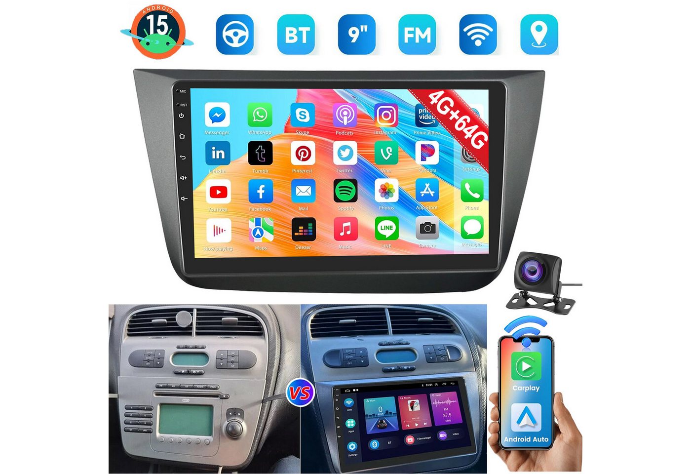 ESSGOO Für Seat Altea Toledo 2004-2015 Android15 mit CarPlay GPS Navi und RDS Autoradio (4+64GB(optional), FM, AM, DAB+ (optional), Carplay Android Auto Bluetooth EQ USB GPS Navi WIFI Touchscreen) Bild 2