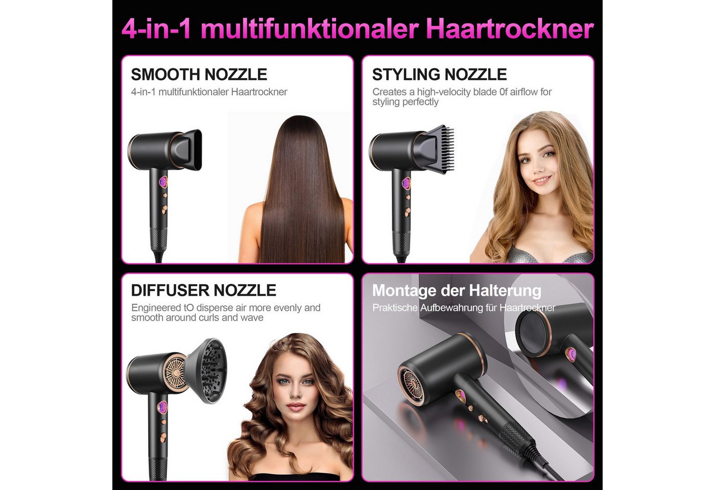 Forrlite Haartrockner 2026 Neues Haartrockner,Föhn Ionen mit Diffusor 2400W AC Motor, 2400 W, 3 Stylingdüsen Professional Ionen Haartrockner Haartrockner, Haartrockner 2400W, Professioneller Haarföhn mit 3 Hitze-Einstellungen