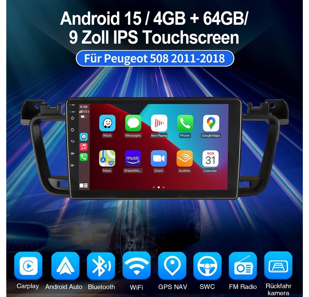 ESSGOO Android 15 Für Peugeot 508 2011-2018 NAVI EQ SWC GPS Autoradio (RDS, Digitalradio (DAB), FM, AM, Carplay Android Auto GPS Navi WIFI BT SWC)
