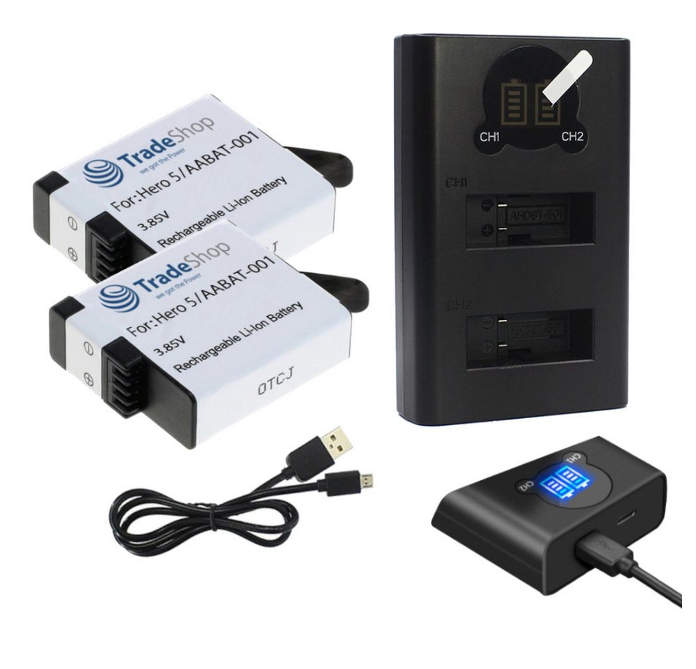 Trade-Shop 3in1 Set passend für GoPro Hero 8 Hero 2018 421850 ASST1 Ladegerät + 2 Kamera-Akku Li-Ion 1250 mAh (3,85 V), Mit USB Ladekabel