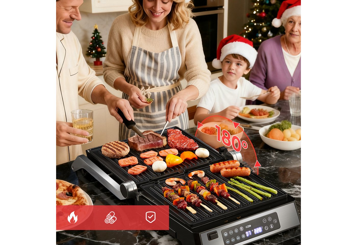 FOHERE Kontaktgrill 4 in 1, Paninimaker, Multifunktions-Waffeleisen & Sandwichmaker, 2200 W, mit 8 Programme, abnehmbaren Platten und LED-Diaplay Bild 2