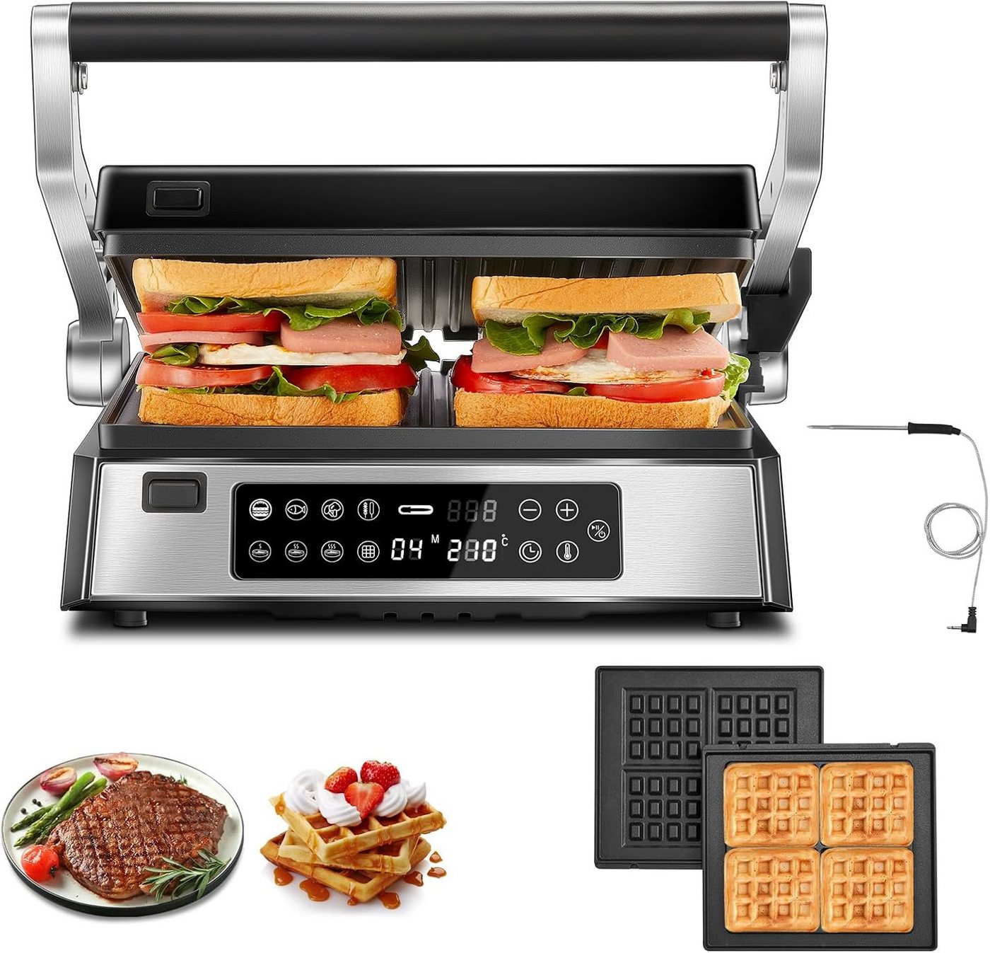 FOHERE Kontaktgrill 4 in 1, Paninimaker, Multifunktions-Waffeleisen & Sandwichmaker, 2200 W, mit 8 Programme, abnehmbaren Platten und LED-Diaplay Bild 3